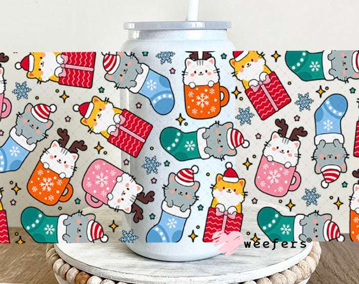 UV DTF Cup Wraps - Christmas Kitty Cats Stockings 16oz Glass Can Generic Weefers