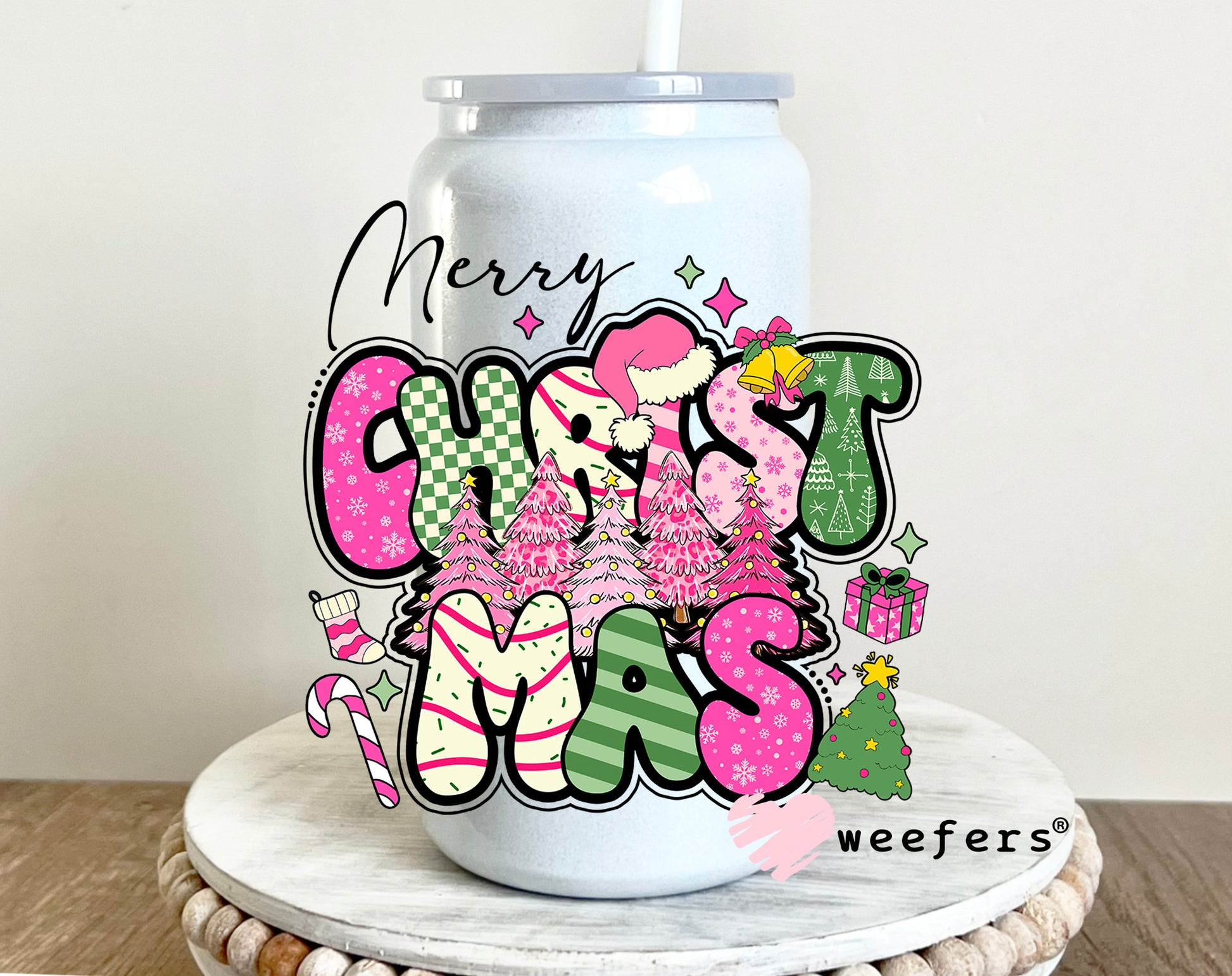 Pink Merry Christmas UV DTF 16oz Decal