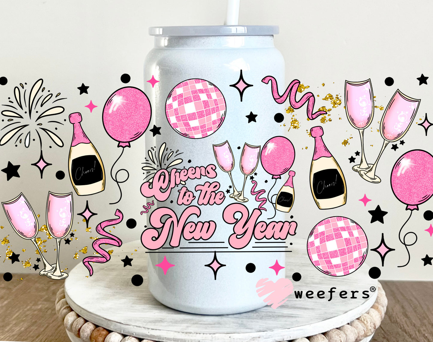 Cheers to the New Year Pink UV DTF 16oz Cup Wrap