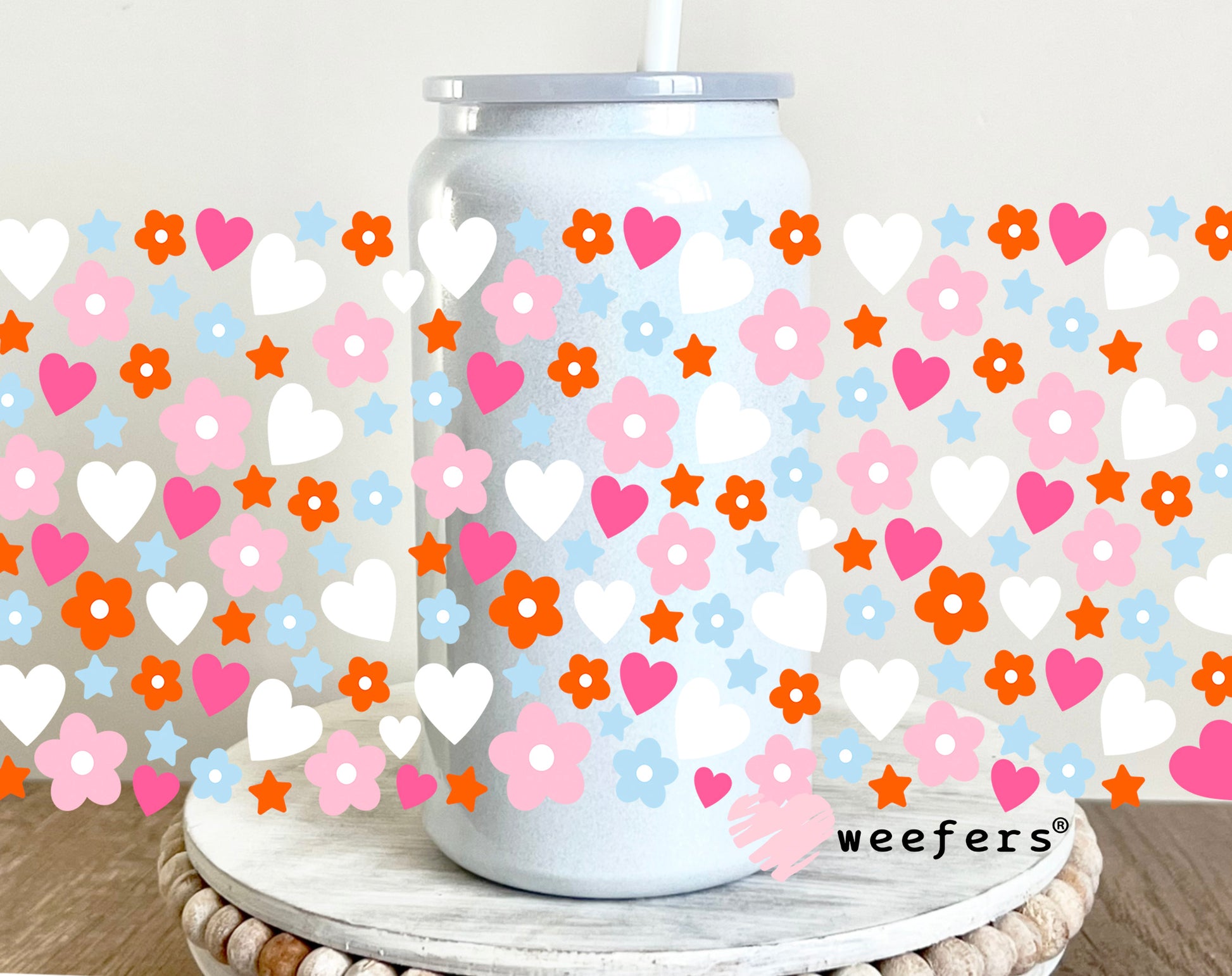 Hearts and Flowers White Pink UV DTF 16oz Cup Wrap