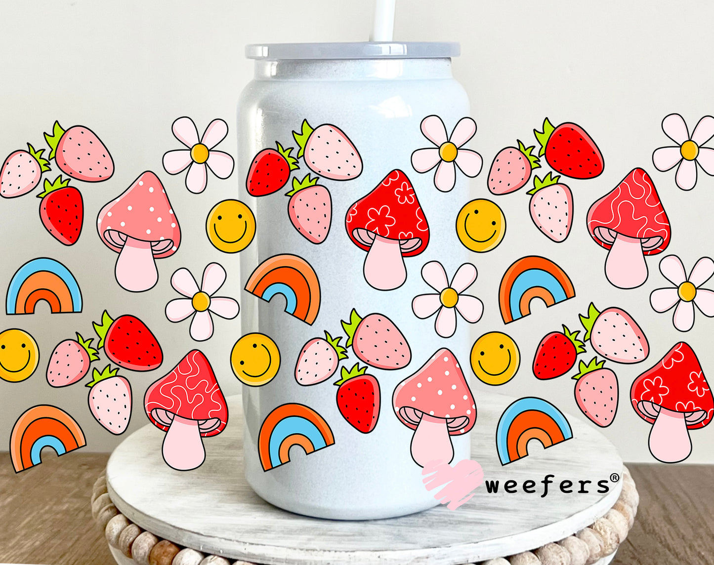 Rainbows Mushrooms and Strawberries UV DTF 16oz Cup Wrap