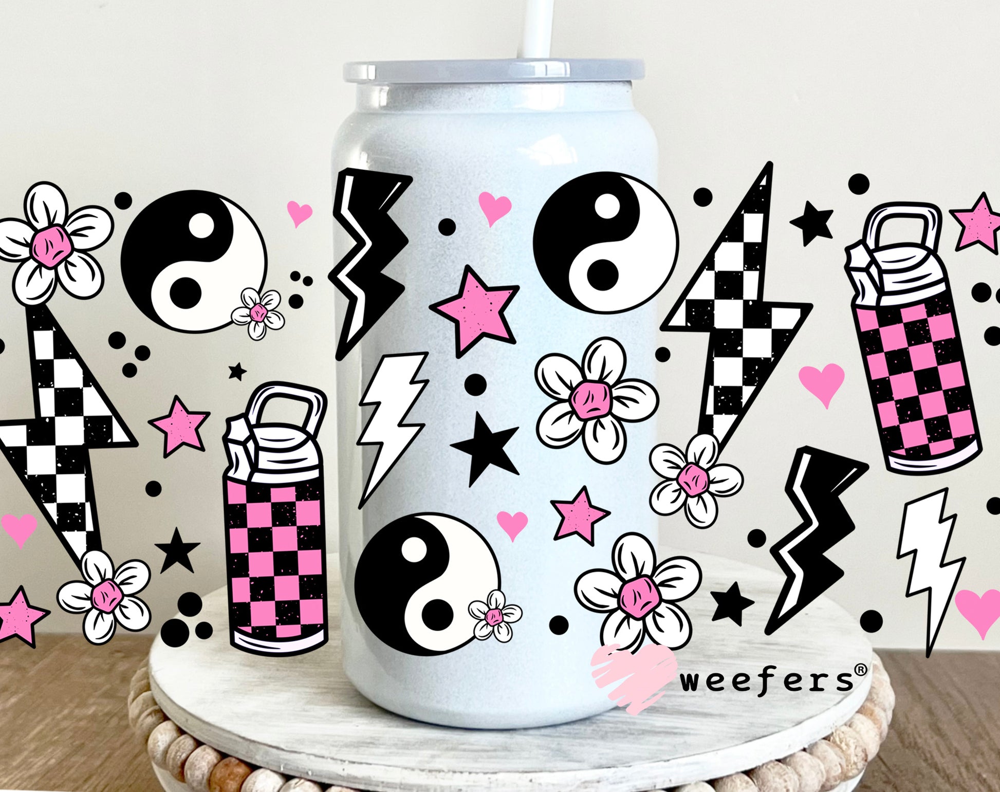 Pink Checkered Ying Yang UV DTF 16oz Cup Wrap