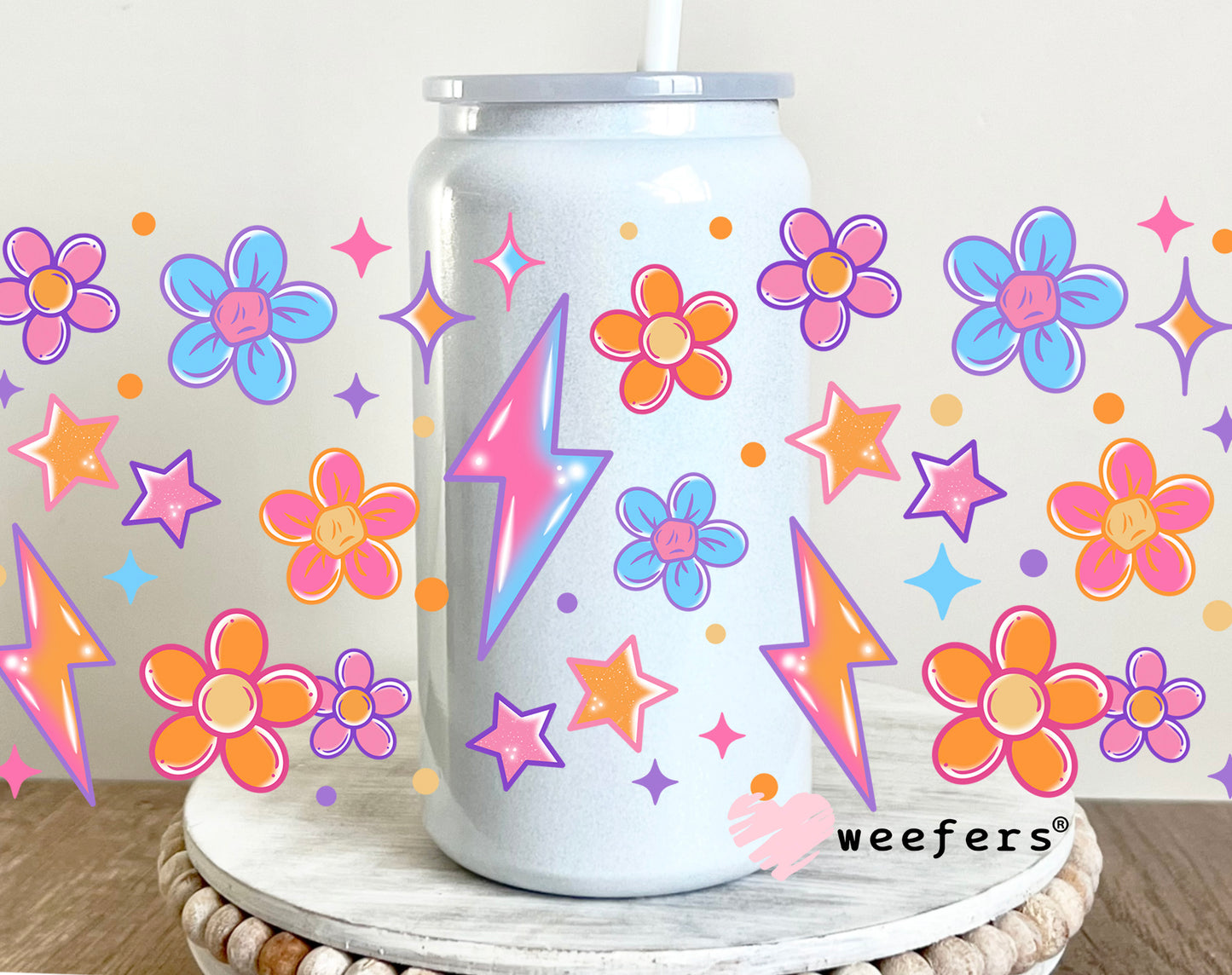 Orange and Blue Flowers and Lightening Bolts UV DTF 16oz Cup Wrap