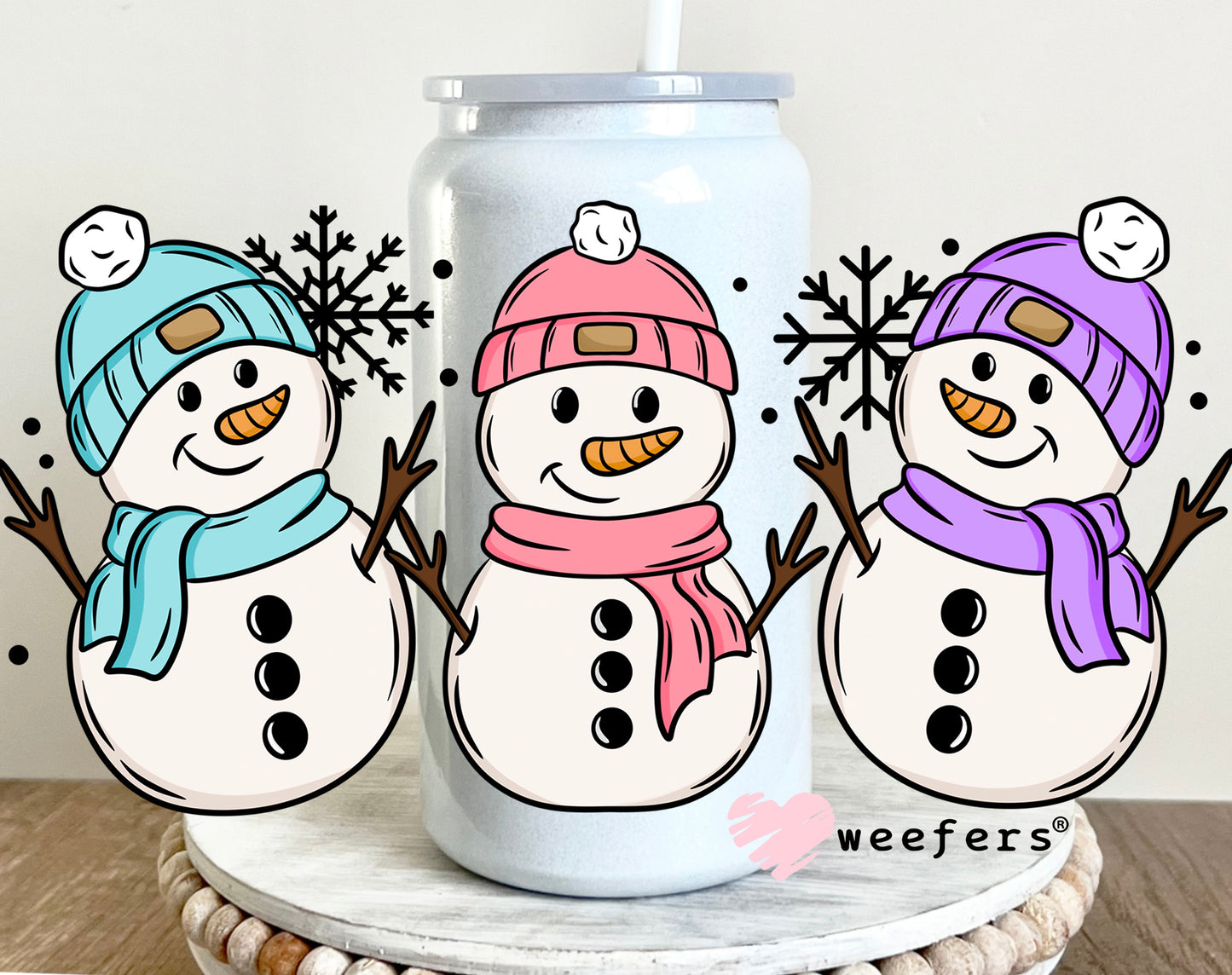 Snowmen Trio Blue Pink Purple UV DTF 16oz Cup Wrap