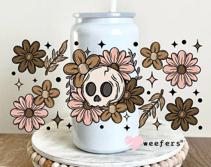 Skull Mauve and Brown Flowers UV DTF 16oz Cup Wrap