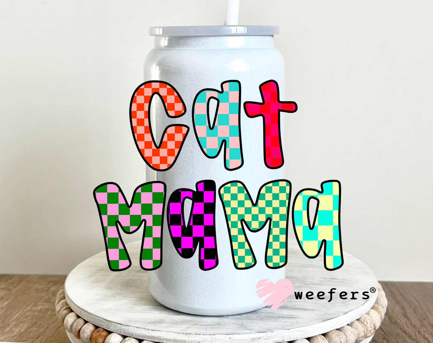 Cat Mama Colorful Checkers UV DTF 16oz Decal