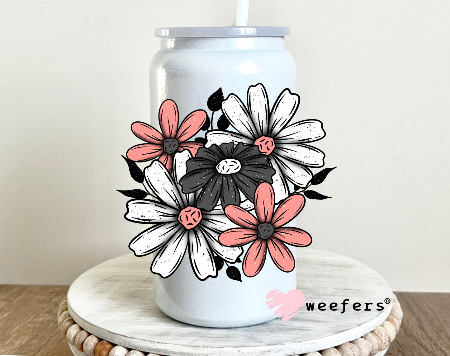 Grey White Pink Floral Bouquet UV DTF 16oz Decal