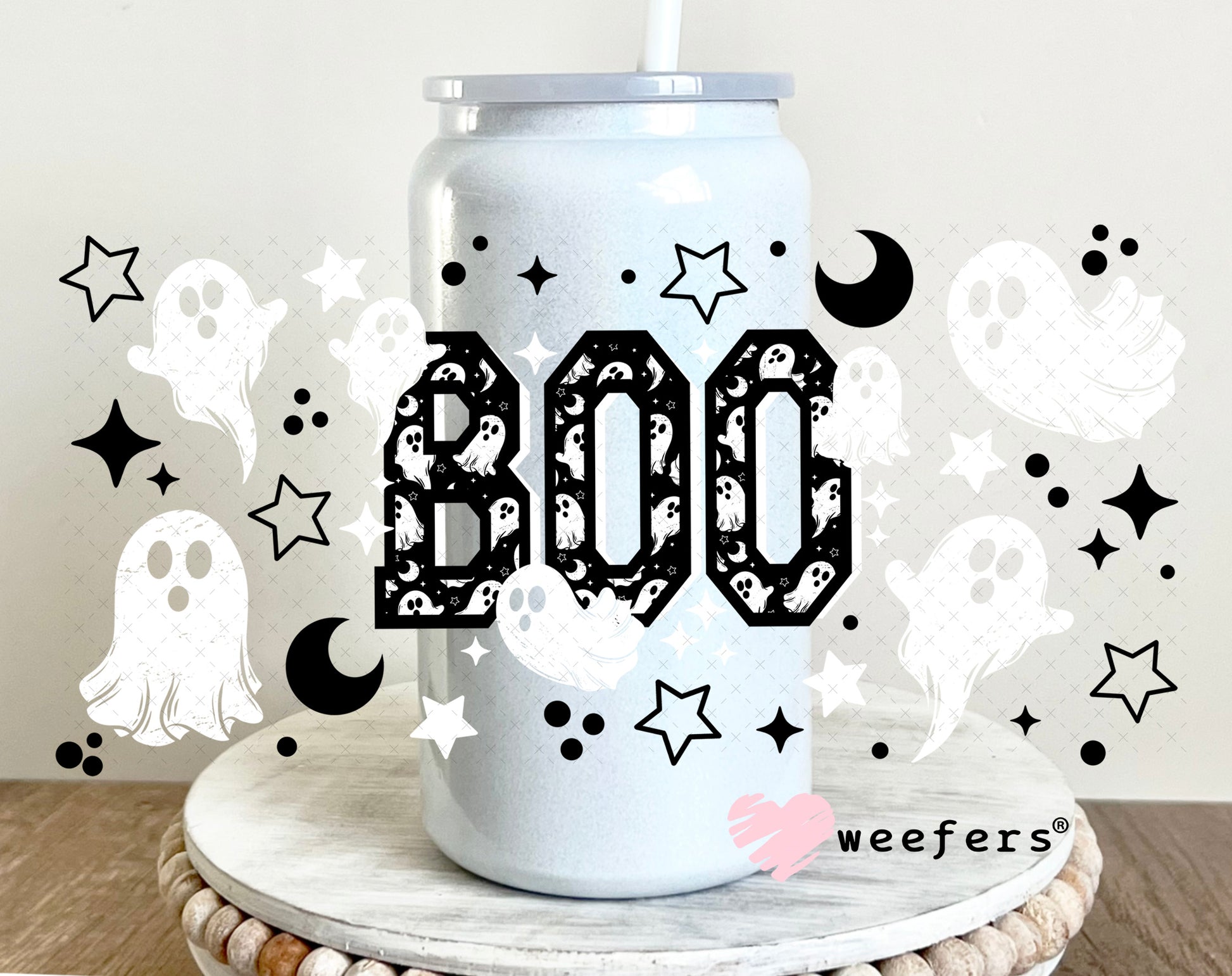 Boo Black and White Ghost UV DTF Cup Wrap 16oz Glass Can Generic Weefers