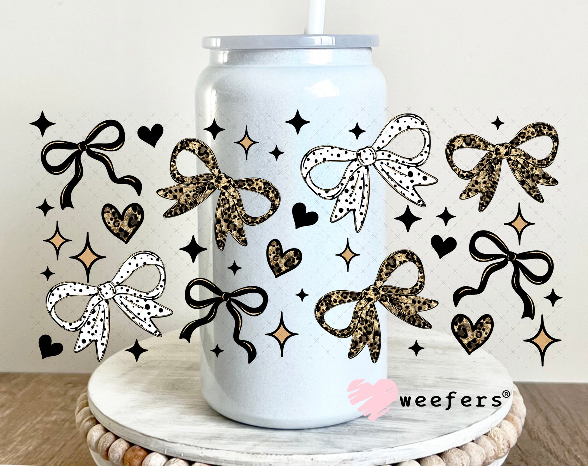 Leopard Bows UV DTF Cup Wrap 16oz Glass Can Generic Weefers