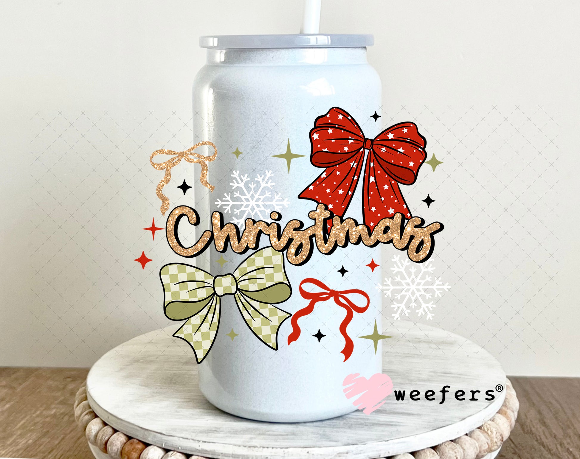 Christmas Bows UV DTF Decal 16oz Glass Can Generic Weefers