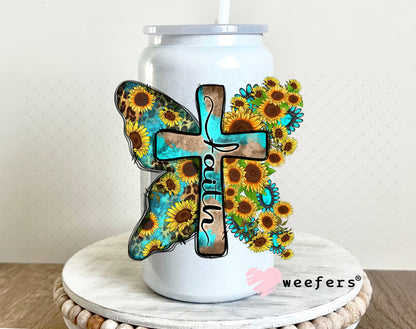 Faith Cross Sunflowers UV DTF Decal 16oz Glass Can Generic Weefers