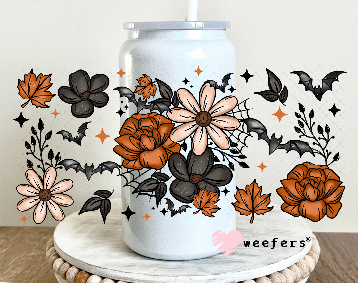 Rust and Cream Flowers Black Bats UV DTF Cup Wrap Weefers