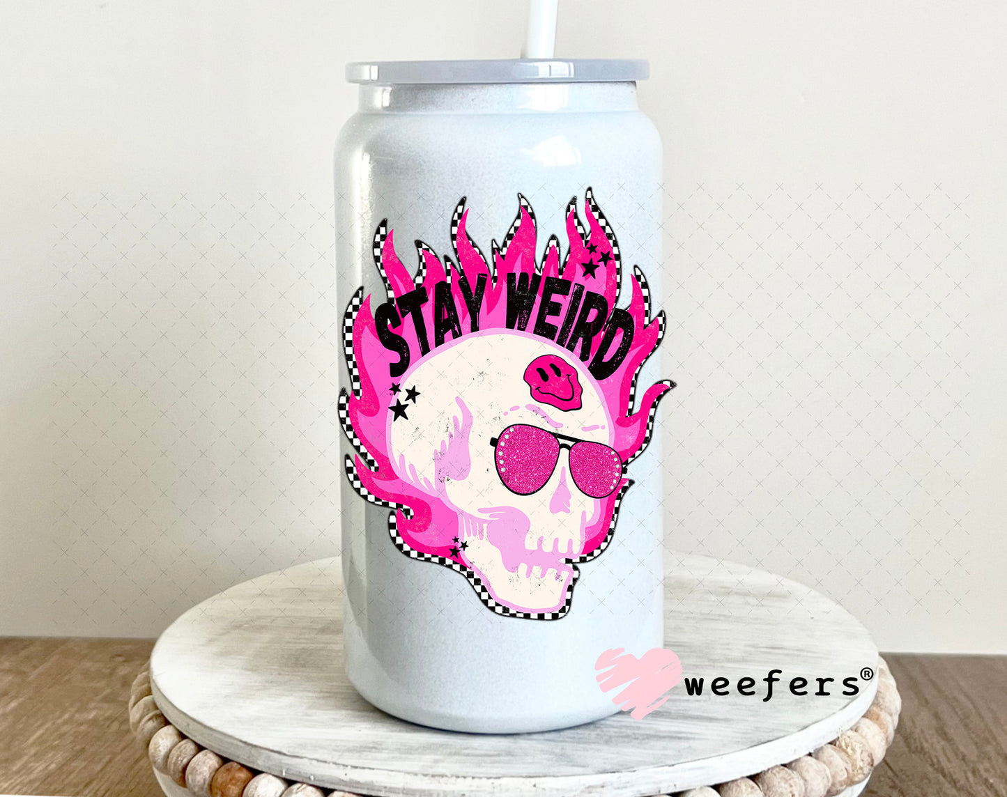 Stay Weird Pink Skull UV DTF Decal 16oz Glass Can Generic Weefers