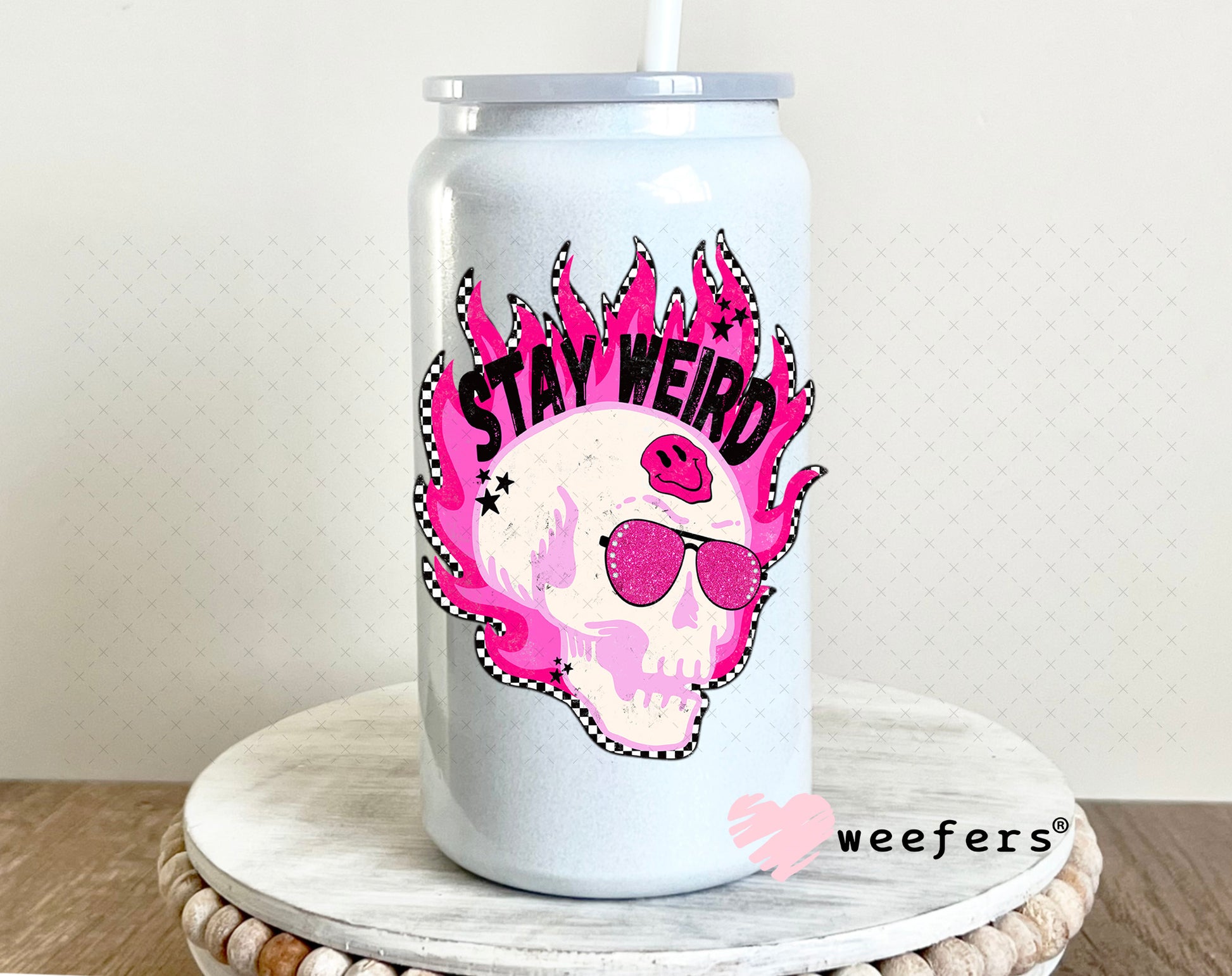 Stay Weird Pink Skull UV DTF Decal 16oz Glass Can Generic Weefers