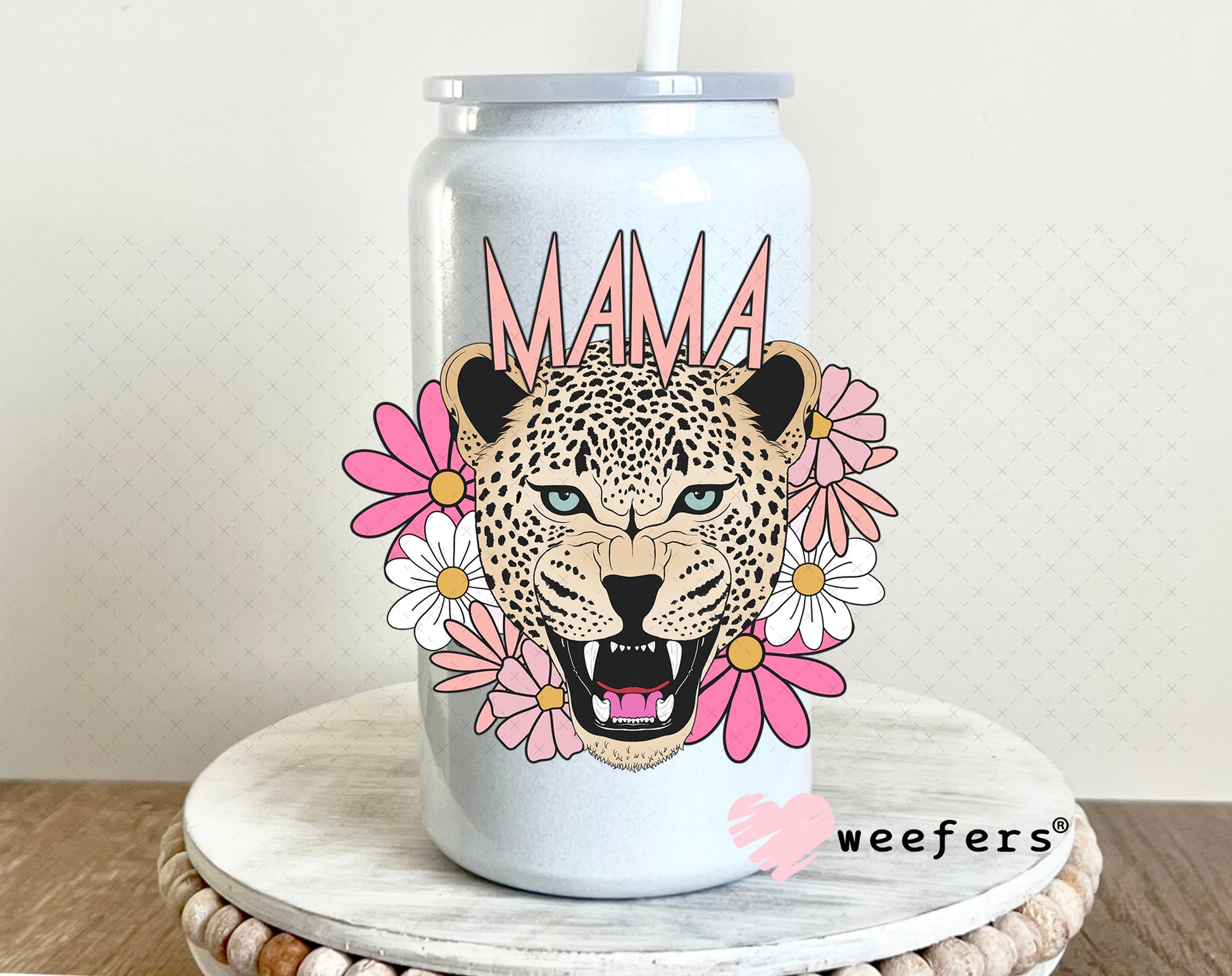 Pink Mama Leopard UV DTF Decal 16oz Glass Can Generic Weefers