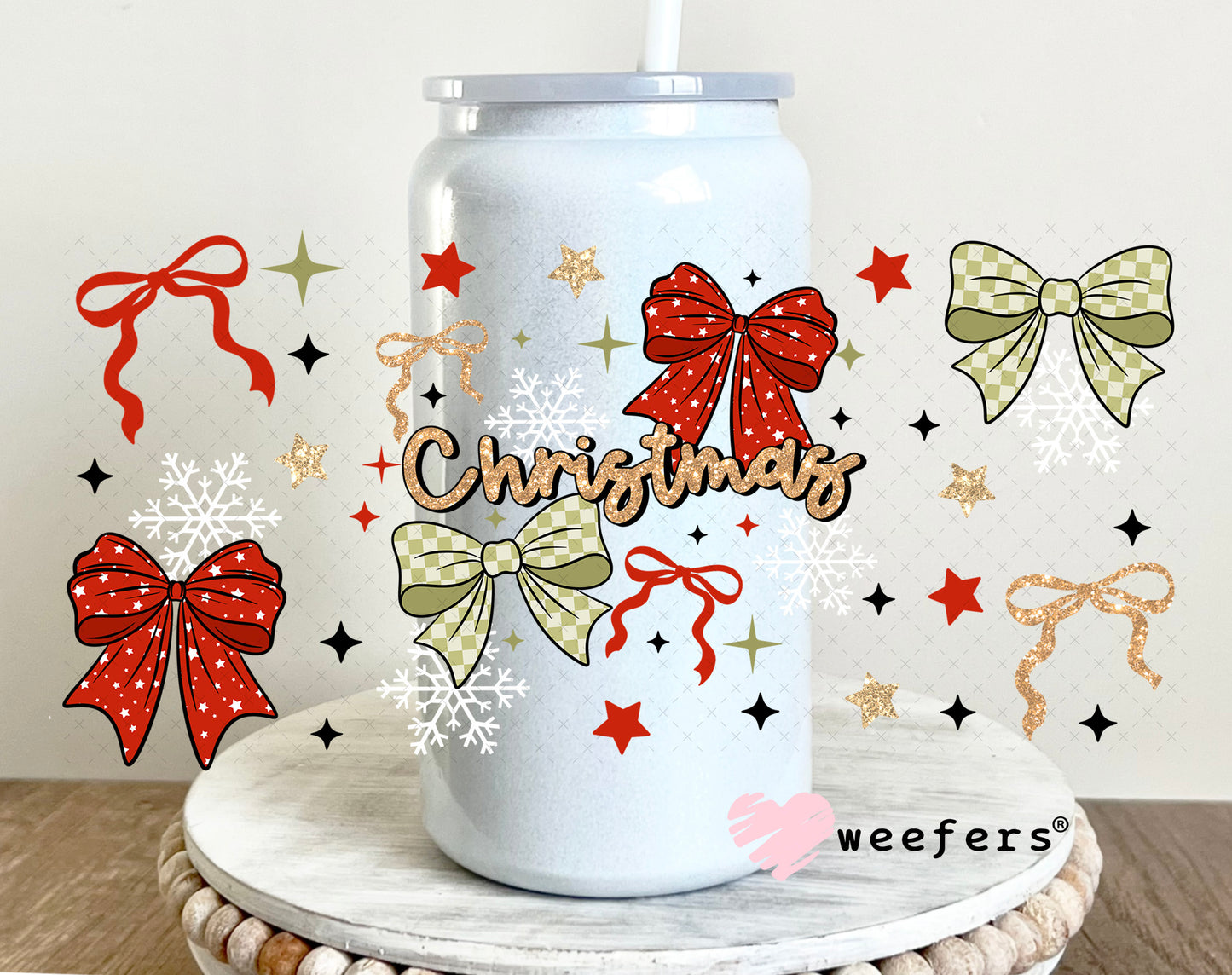 Christmas Bows UV DTF Cup Wrap 16oz Glass Can Generic Weefers