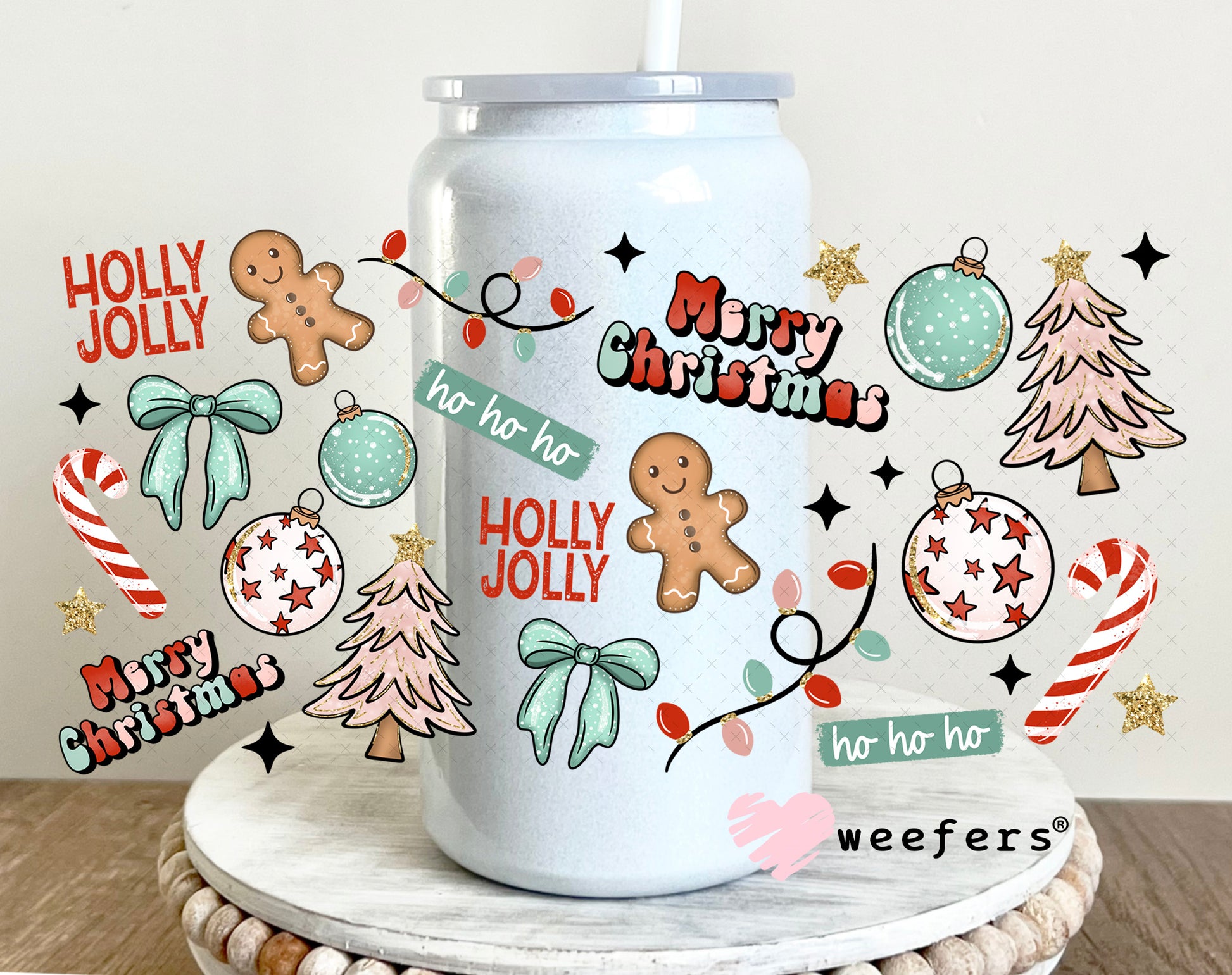 Merry Christmas Holly Jolly UV DTF Cup Wrap 16oz Glass Can Generic Weefers