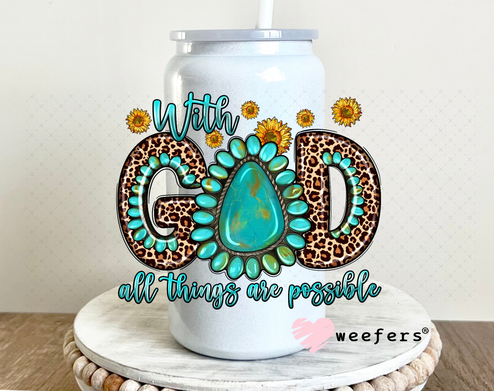 With God all Things are Possible Western UV DTF Decal 16oz Glass Can Generic Weefers