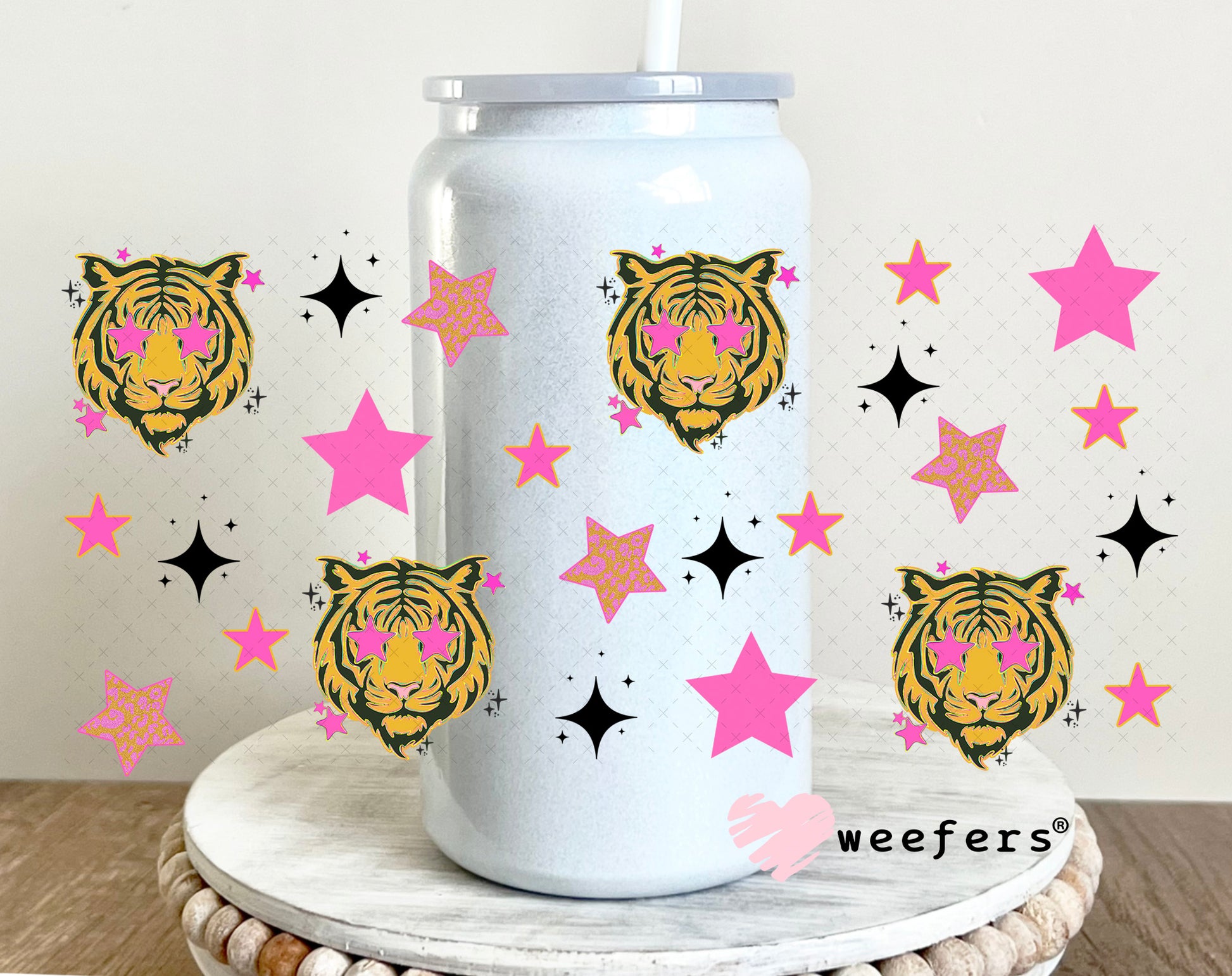 Tiger Blood Pink Star Eyes UV DTF Cup Wrap - Weefers Exclusive 16oz Glass Can Generic Weefers