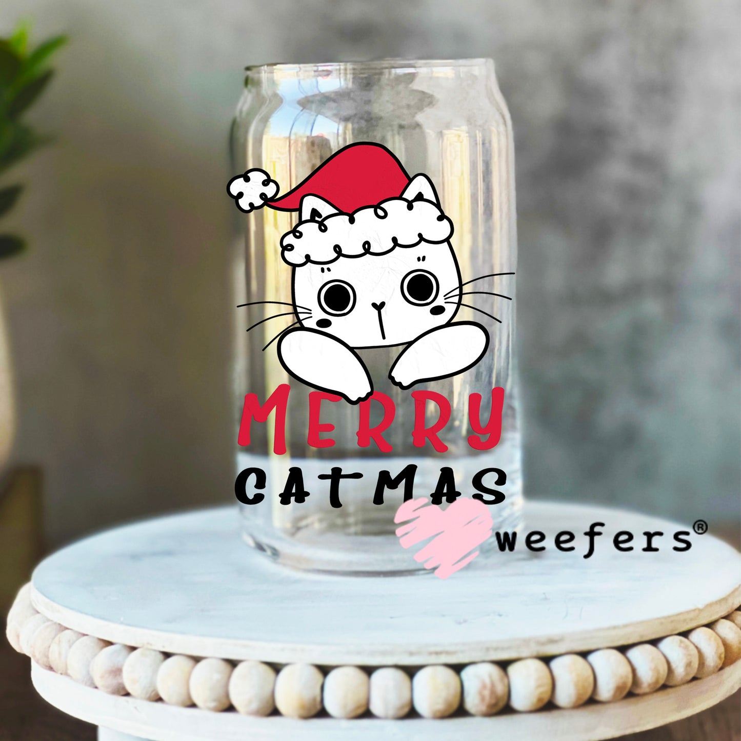Meow Cat Mas UV DTF Decal 16oz Libbey Glass Original Size Weefers
