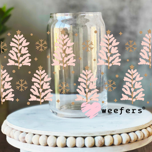 Blushing Pink Christmas Trees UV DTF Cup Wrap 16oz Libbey Glass Original Size Weefers