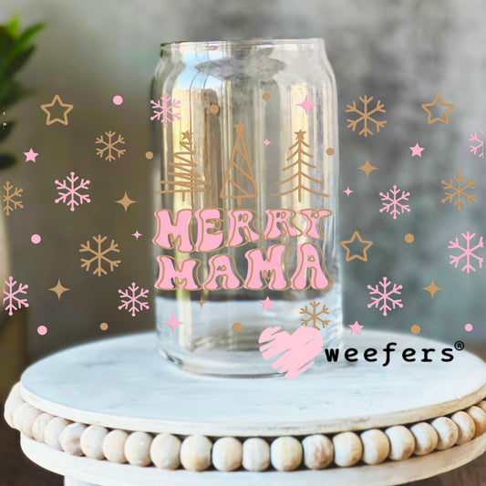 Mama Pink Christmas Snowflakes UV DTF Cup Wrap 16oz Libbey Glass Original Size Weefers