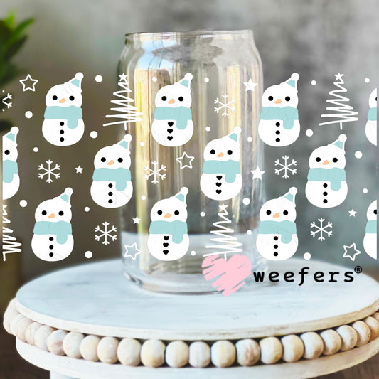 Blue and White Snowmen UV DTF Cup Wrap 16oz Libbey Glass Original Size Weefers