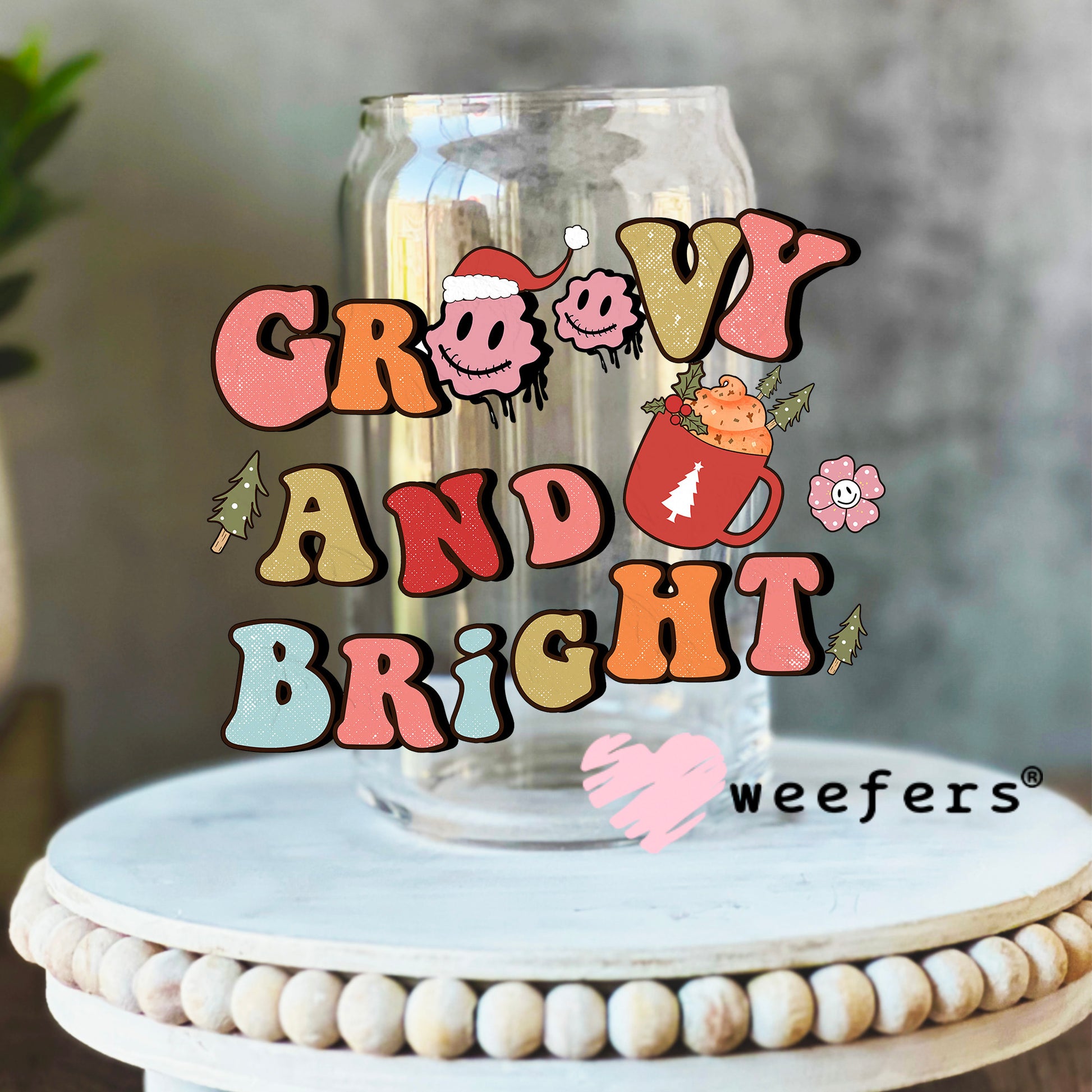 Groovy and Bright Retro Christmas UV DTF Decal 16oz Libbey Glass Original Size Weefers