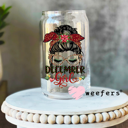 Messy Bun December Girl Birthday Month UV DTF Decal 16oz Libbey Glass Original Size Weefers