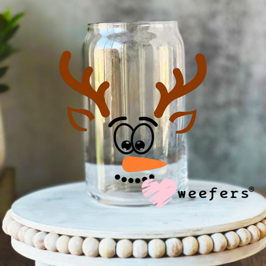 Snowman Christmas Reindeer Face UV DTF Decal 16oz Libbey Glass Original Size Weefers
