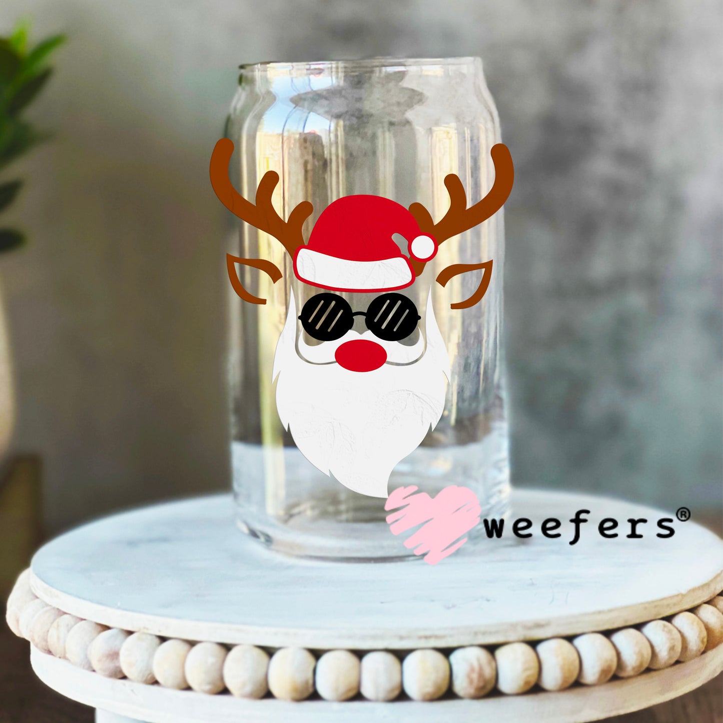 Santa Christmas Reindeer Face UV DTF Decal 16oz Libbey Glass Original Size Weefers