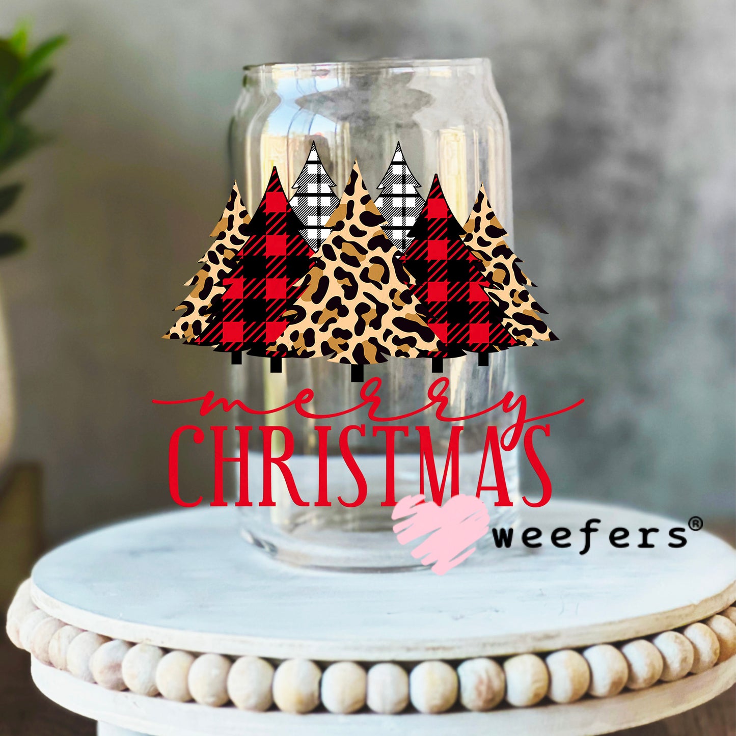 Merry Christmas Plaid Christmas Trees UV DTF Decal 16oz Libbey Glass Original Size Weefers