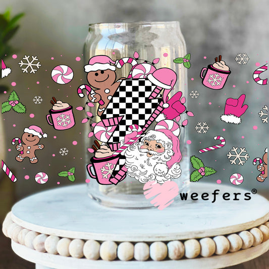 Pink and Black Checkered Santa Christmas UV DTF Cup Wrap 16oz Libbey Glass Original Size Weefers
