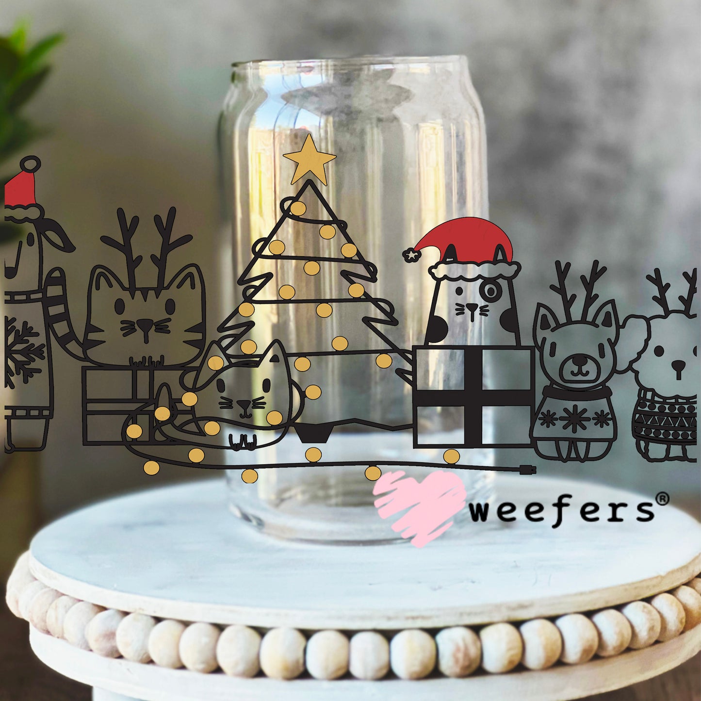 Dog and Cat Friends Christmas UV DTF Cup Wrap 16oz Libbey Glass Original Size Weefers
