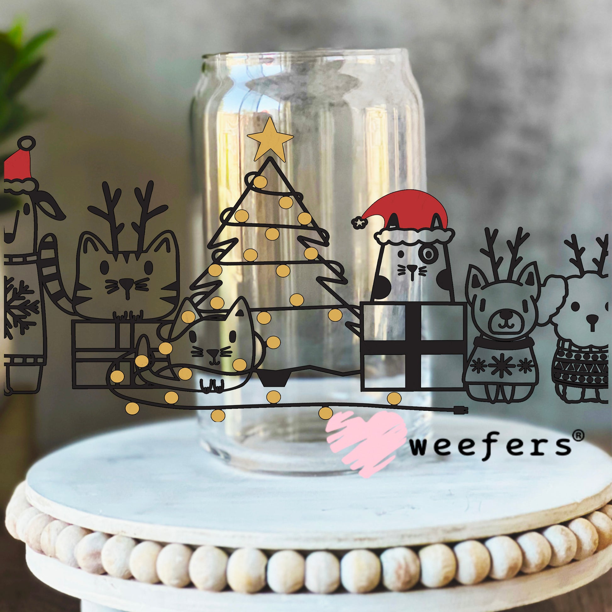 Dog and Cat Friends Christmas UV DTF Cup Wrap 16oz Libbey Glass Original Size Weefers