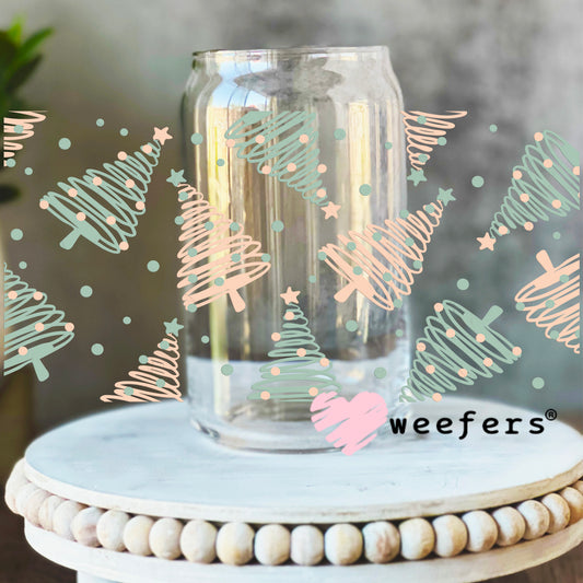 Pastel Green and Peach Christmas Trees UV DTF Cup Wrap 16oz Libbey Glass Original Size Weefers