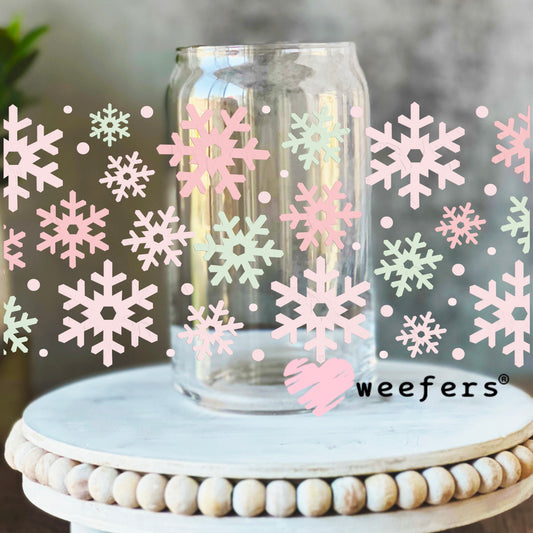 Pastel Green and Pink Snow Flakes UV DTF Cup Wrap 16oz Libbey Glass Original Size Weefers