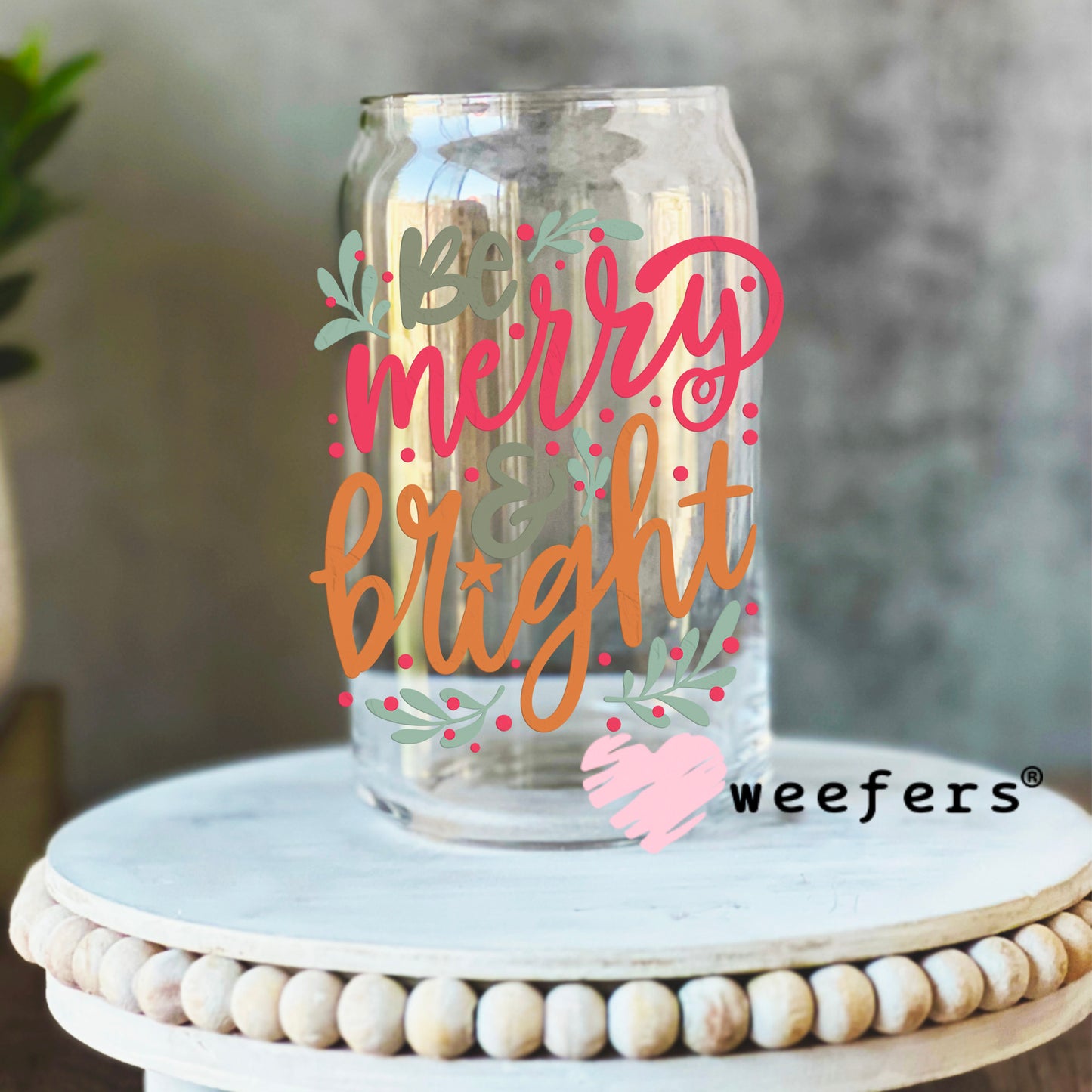 Merry and Bright Christmas Pink and Orange UV DTF Decal 16oz Libbey Glass Original Size Weefers