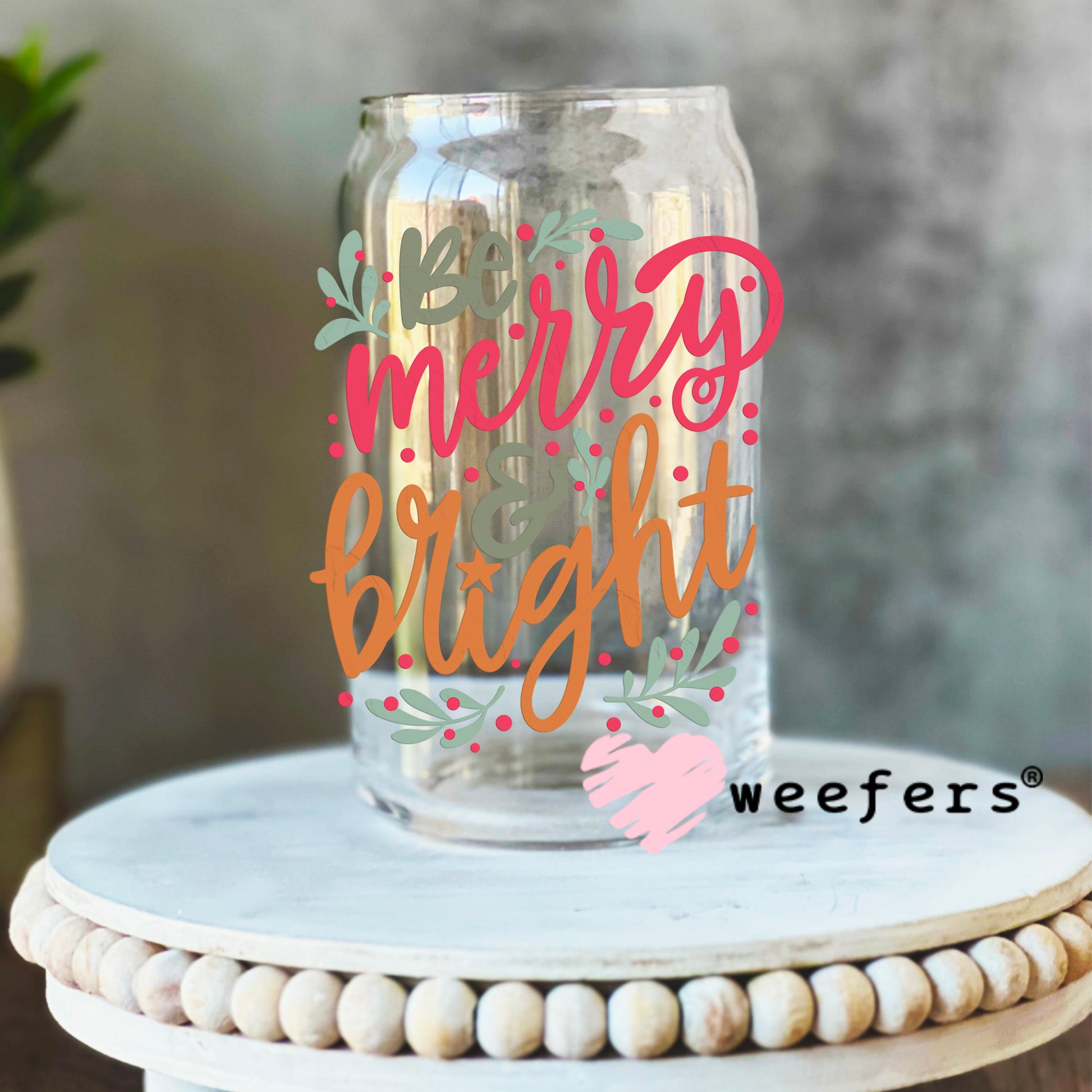 Merry and Bright Christmas Pink and Orange UV DTF Decal 16oz Libbey Glass Original Size Weefers
