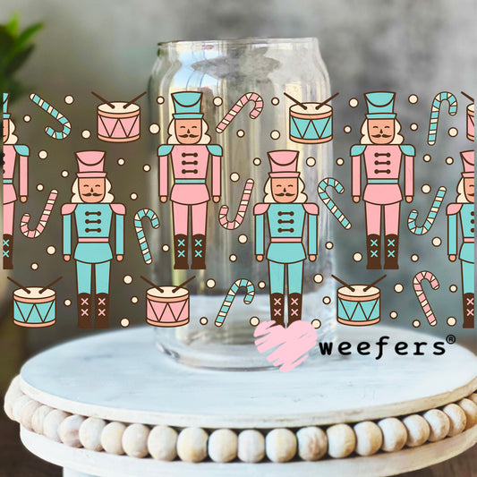 Christmas Nutcrackers Teal and Coral UV DTF Cup Wrap 16oz Libbey Glass Original Size Weefers