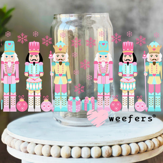 Christmas Pink Nutcrackers and Coral UV DTF Cup Wrap 16oz Libbey Glass Original Size Weefers