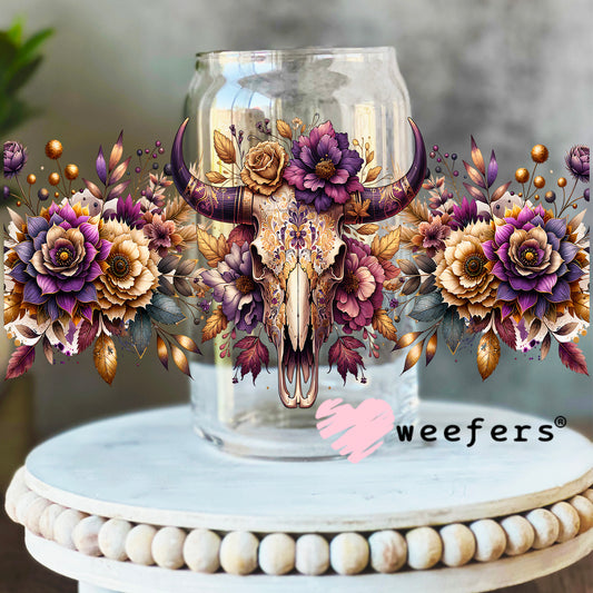 Purple Floral Cow Skull UV DTF Cup Wrap 16oz Libbey Glass Original Size Weefers