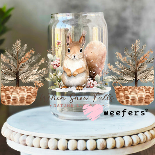 When Snow Falls Christmas Squirrel UV DTF Cup Wrap 16oz Libbey Glass Original Size Weefers