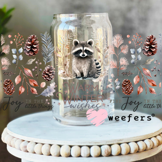 Warm Winter Wishes Christmas Raccoon UV DTF Cup Wrap 16oz Libbey Glass Original Size Weefers