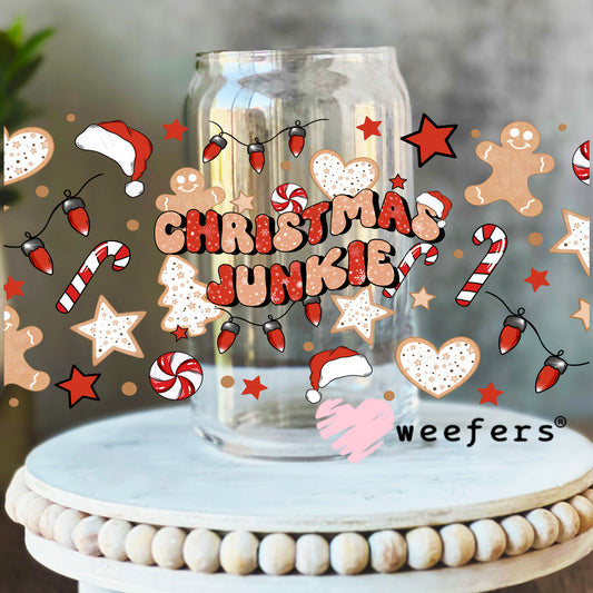 Christmas Junkie Watercolor UV DTF Cup Wrap 16oz Libbey Glass Original Size Weefers