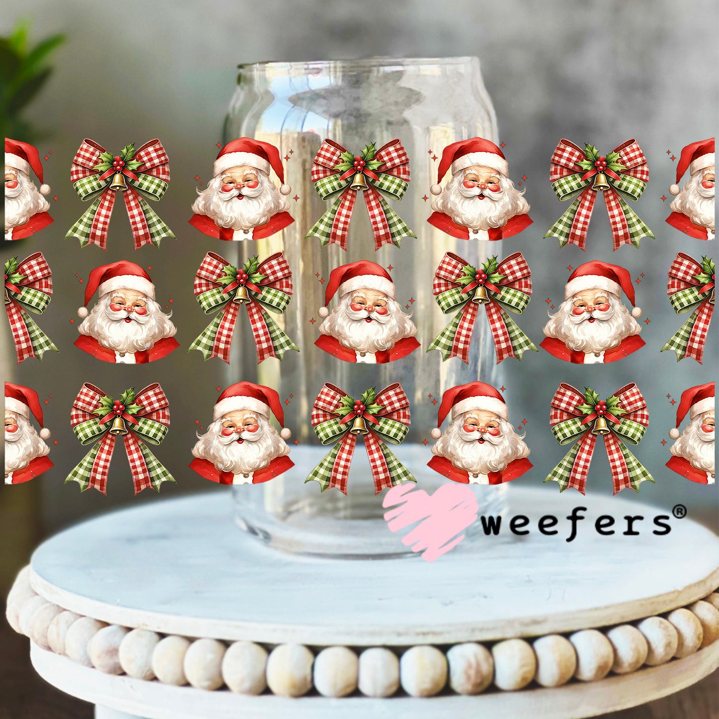 Coquette Santa and Plaid Bows Christmas UV DTF Cup Wrap 16oz Libbey Glass Original Size Weefers