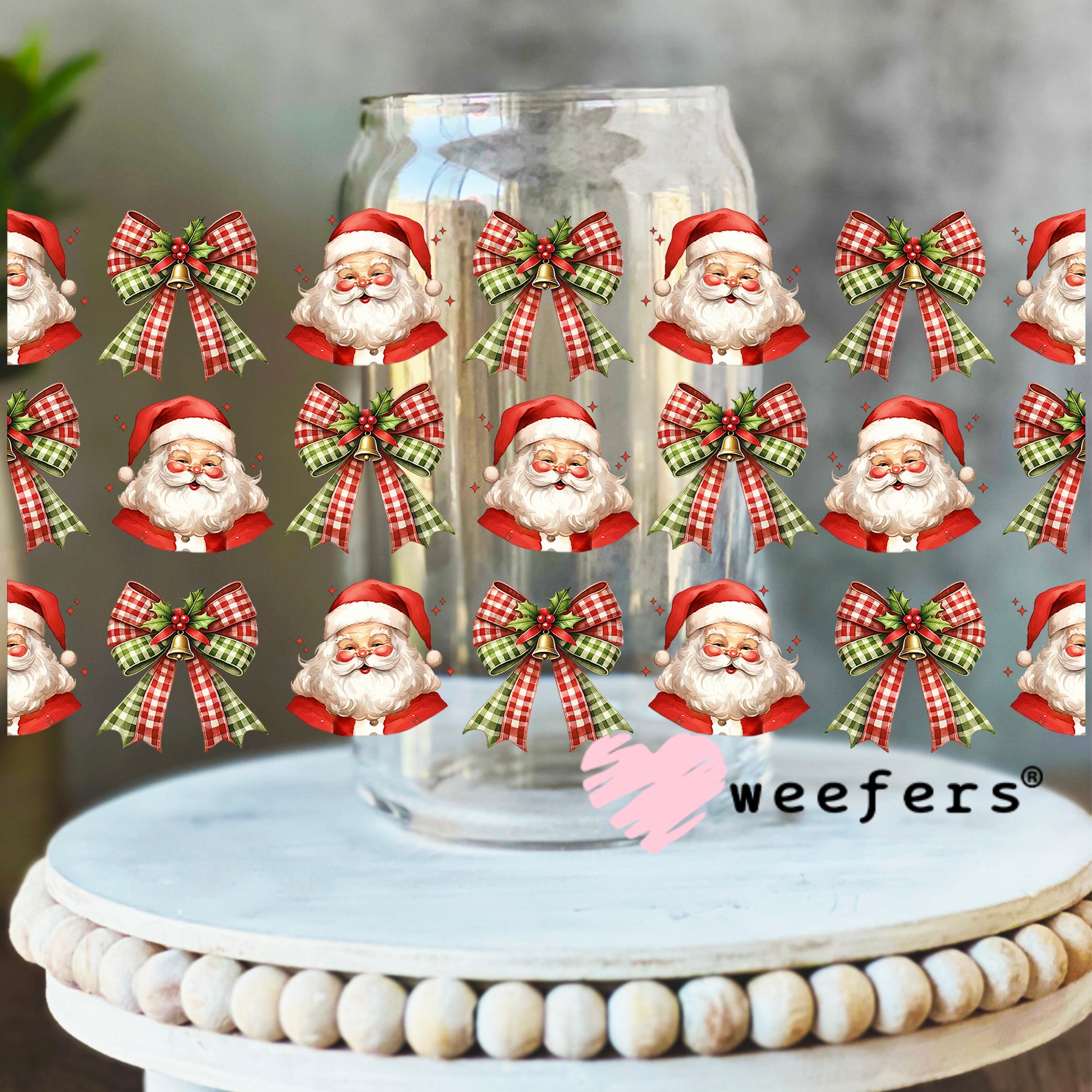 Coquette Santa and Plaid Bows Christmas UV DTF Cup Wrap 16oz Libbey Glass Original Size Weefers