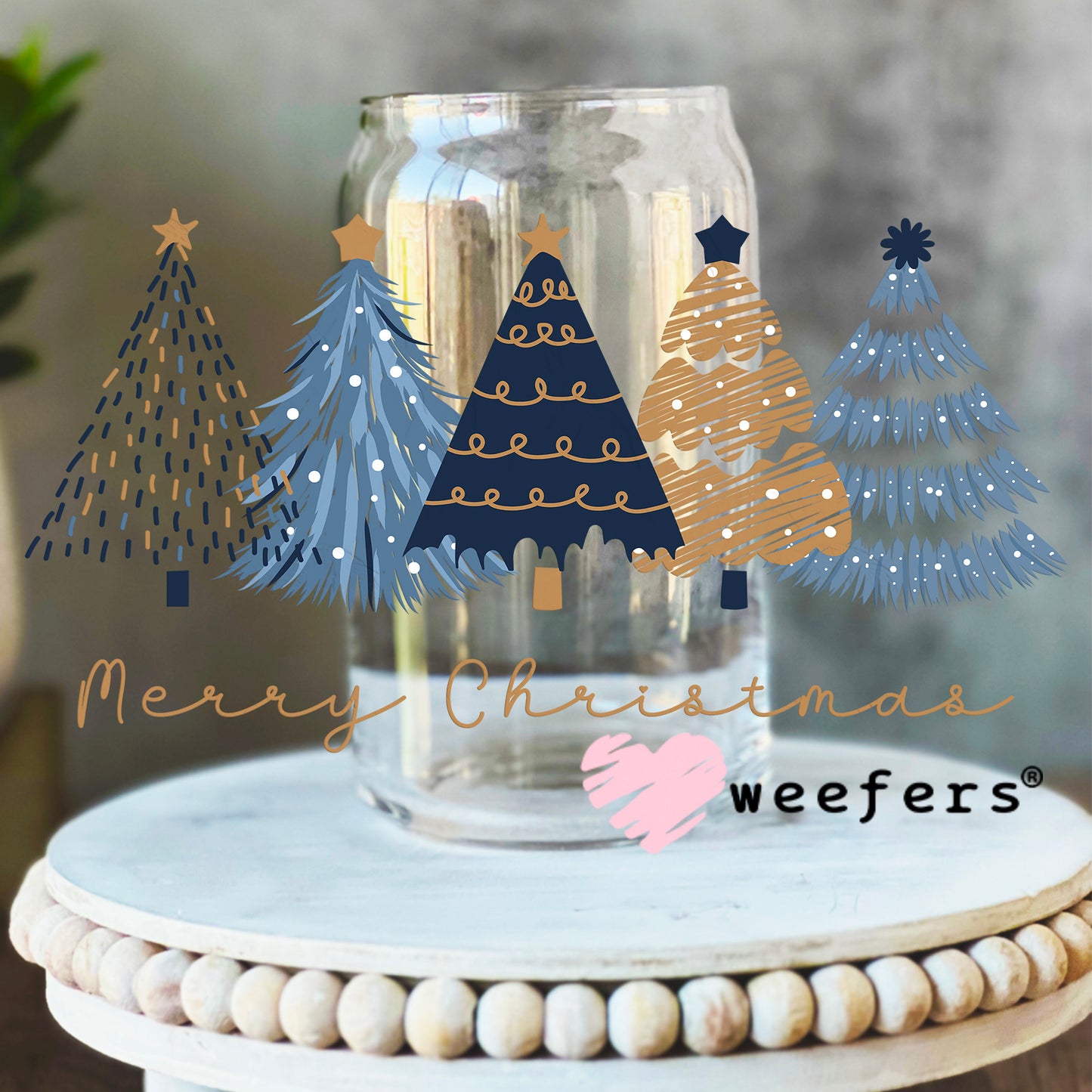 Merry Christmas Blue Gold Trees UV DTF Cup Wrap 16oz Libbey Glass Original Size Weefers