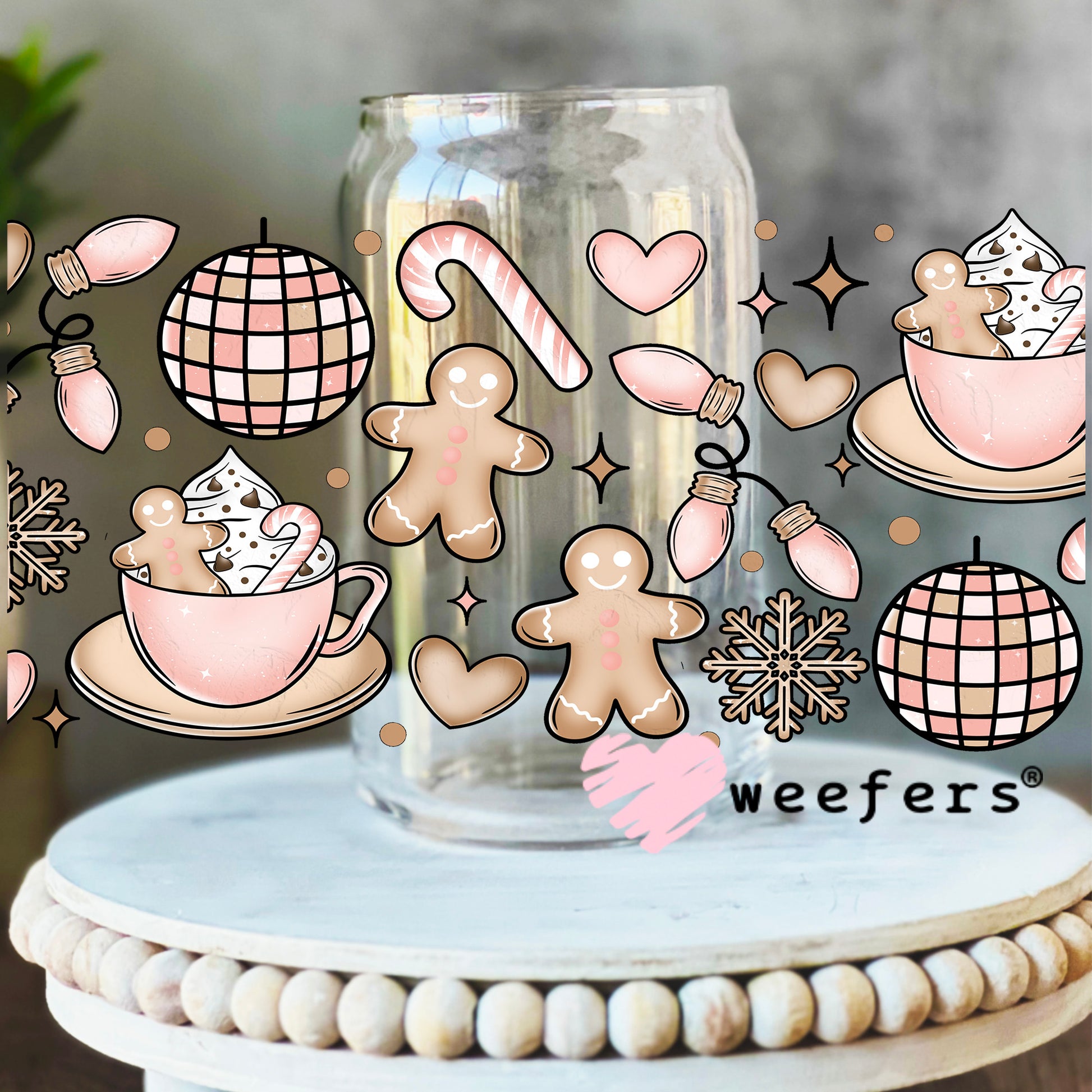 Gingerbread Pink Party Christmas UV DTF Cup Wrap 16oz Libbey Glass Original Size Weefers