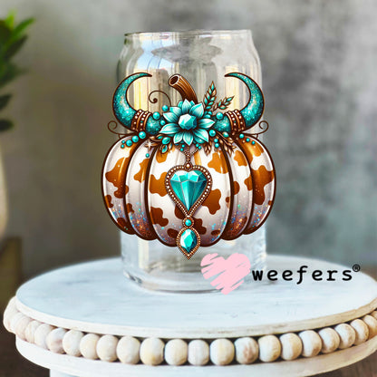 Turquoise Brown Cow Print Pumpkin UV DTF Decal 16oz Libbey Glass Original Size Weefers